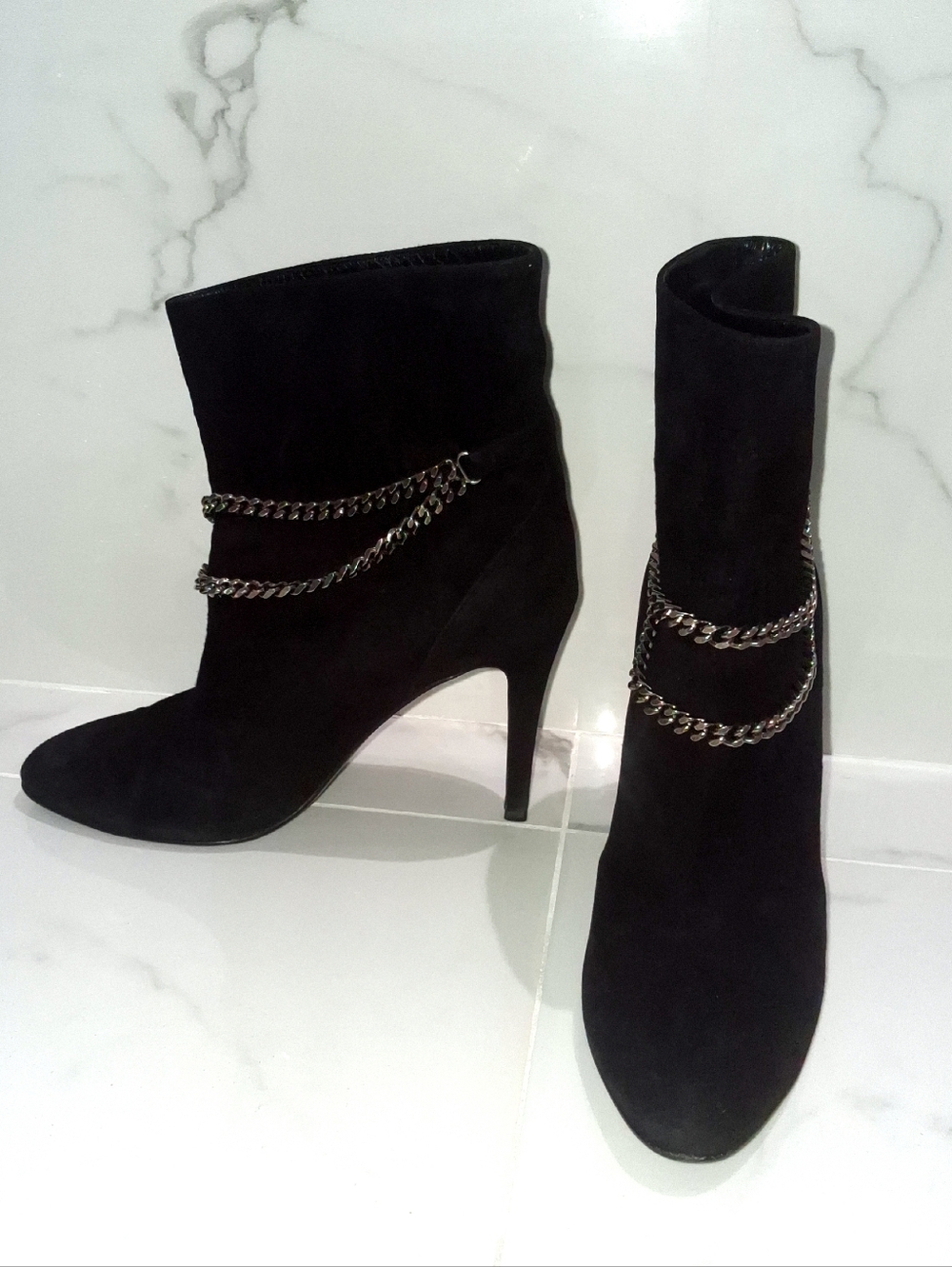 Saint Laurent Black Suede Ankle Boots Heeled Double Chain Detail Size 40 US 10